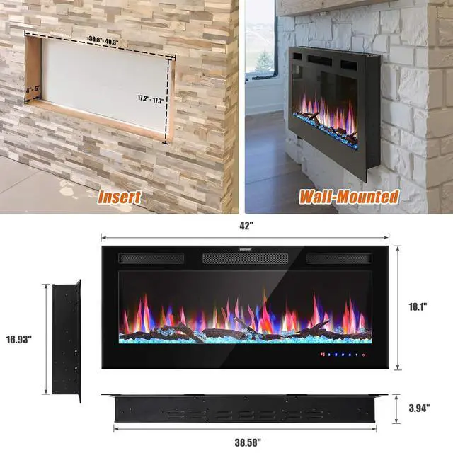 Alt view image 2 of 7 - 42" Electric Fireplace Inserts - Recessed Fire Place and Wall Fireplace Heater, Indoor Wall Mounted Faux Floating Fireplace with Remote Control, Adjustable Flame Color and Brightness, 750 | 1500W