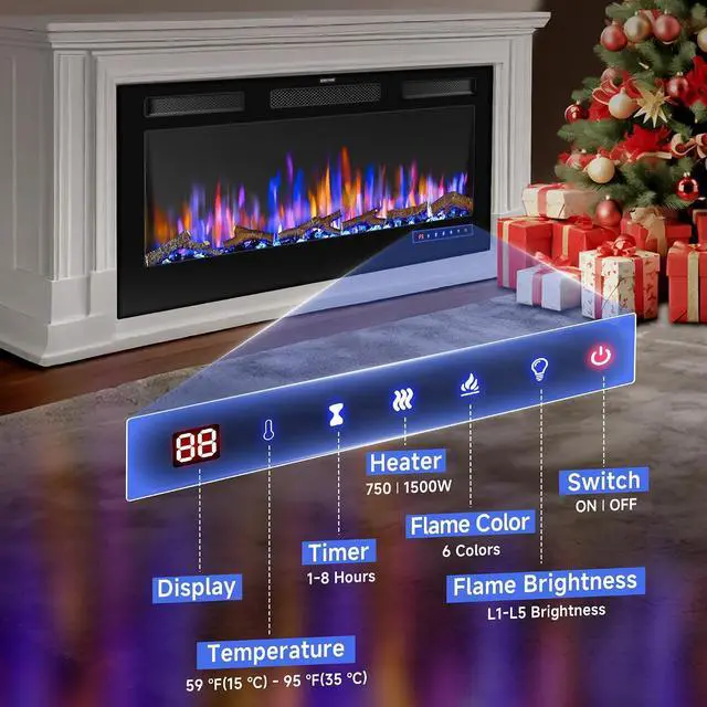 Alt view image 3 of 7 - 42" Electric Fireplace Inserts - Recessed Fire Place and Wall Fireplace Heater, Indoor Wall Mounted Faux Floating Fireplace with Remote Control, Adjustable Flame Color and Brightness, 750 | 1500W