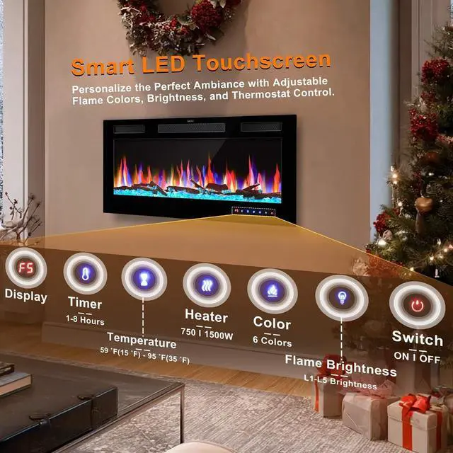 Alt view image 2 of 7 - 36" Electric Fireplace Inserts - Recessed Fire Place and Wall Fireplace Heater, Indoor Wall Mounted Faux Floating Fireplace with Remote Control, Adjustable Flame Color and Brightness, 750 | 1500W
