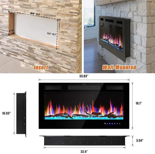 Alt view image 3 of 7 - 36" Electric Fireplace Inserts - Recessed Fire Place and Wall Fireplace Heater, Indoor Wall Mounted Faux Floating Fireplace with Remote Control, Adjustable Flame Color and Brightness, 750 | 1500W