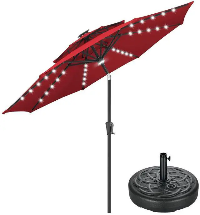 Main image of FLAME&SHADE 9 ft Double Top Solar Outdoor Patio Umbrella with Base and LED Lights, Market Table Umbrella with LED Lights and Base Stand