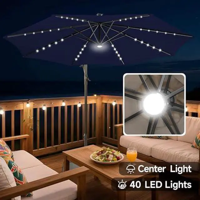 Alt view image 2 of 7 - FLAME&SHADE 10ft Solar Cantilever Umbrella with Base Set, Lighted Large Offset Outdoor Patio Umbrellas with Base Stand