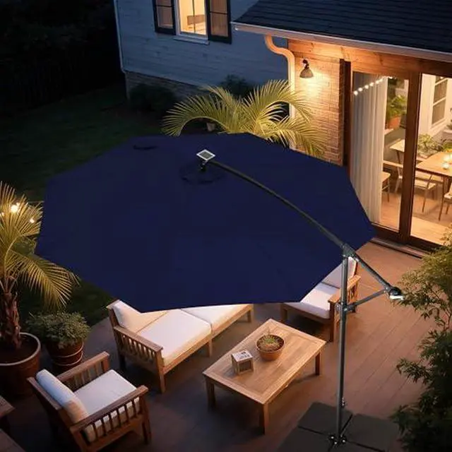Alt view image 3 of 7 - FLAME&SHADE 10ft Solar Cantilever Umbrella with Base Set, Lighted Large Offset Outdoor Patio Umbrellas with Base Stand