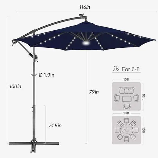 Alt view image 5 of 7 - FLAME&SHADE 10ft Solar Cantilever Umbrella with Base Set, Lighted Large Offset Outdoor Patio Umbrellas with Base Stand