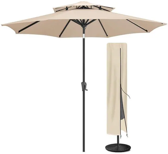 Main image of FLAME&SHADE 9ft Patio Umbrella with Cover Set, 2 Tiers Outdoor Umbrella with 8 Heavy-duty Ribs, Patio Umbrella Cover for 7.5 ft 9 ft 10 ft 11 ft (Beige)