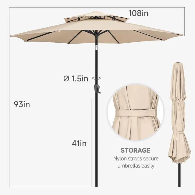 Alt view image 3 of 7 - FLAME&SHADE 9ft Patio Umbrella with Cover Set, 2 Tiers Outdoor Umbrella with 8 Heavy-duty Ribs, Patio Umbrella Cover for 7.5 ft 9 ft 10 ft 11 ft (Beige)