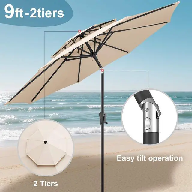 Alt view image 5 of 7 - FLAME&SHADE 9ft Patio Umbrella with Cover Set, 2 Tiers Outdoor Umbrella with 8 Heavy-duty Ribs, Patio Umbrella Cover for 7.5 ft 9 ft 10 ft 11 ft (Beige)