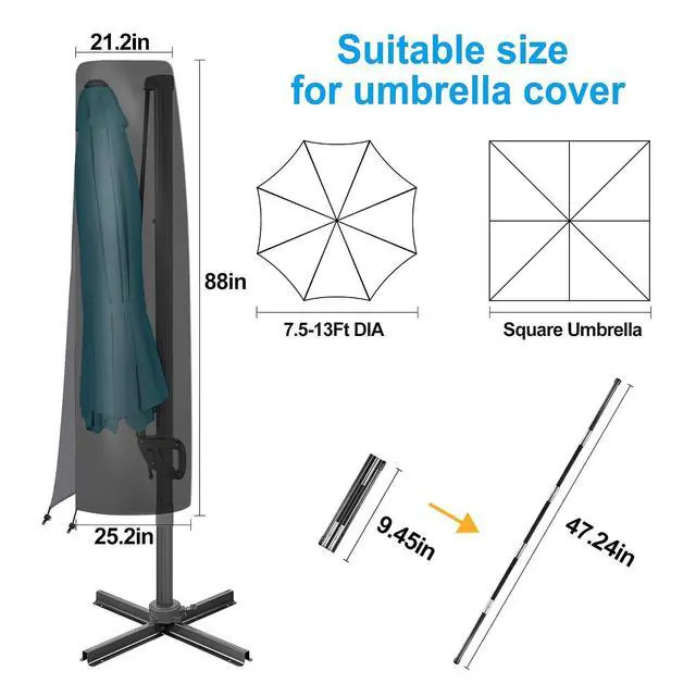 Alt view image 2 of 7 - FLAME&SHADE 10ft Cantilever Umbrella with Cover Set, Outdoor Umbrella with 8 Heavy-duty Ribs, Patio Umbrella Cover for 7.5 ft 9 ft 10 ft 11 ft (Black)