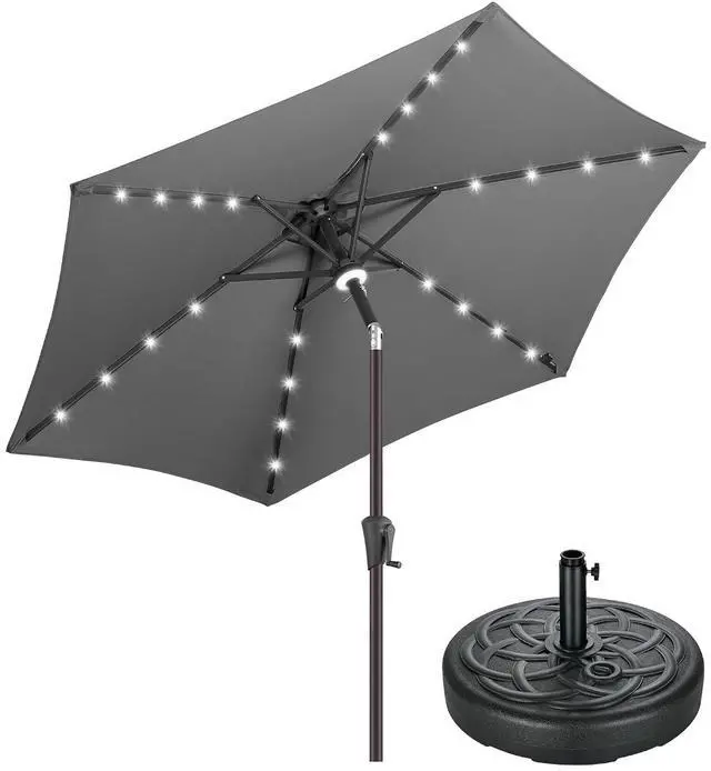 Main image of FLAME&SHADE 10ft Solar Outdoor Patio Umbrella with Base and 30 LED Lights, Market Table Umbrella Base Stand Set for Pool, Porch, Garden, Deck, yard