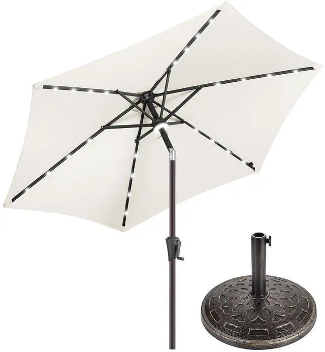 Main image of FLAME&SHADE 7.5 ft Solar Outdoor Patio Umbrella with Base Set, Market Table Umbrella with LED Lights and Base Stand