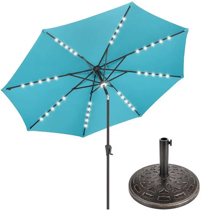 Main image of FLAME&SHADE 10 ft Solar Outdoor Patio Umbrella with Base Set, Market Table Umbrella with LED Lights and Base Stand