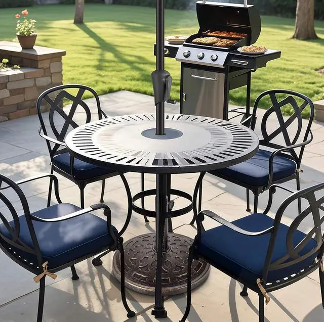 Alt view image 3 of 7 - FLAME&SHADE 10 ft Solar Outdoor Patio Umbrella with Base Set, Market Table Umbrella with LED Lights and Base Stand