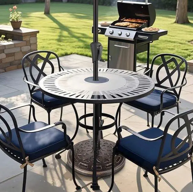 Alt view image 5 of 7 - FLAME&SHADE 9ft Patio Umbrella with Base included - 2 Tiers Outdoor Umbrella with Stand for UV Protection, Table Market Umbrella for Garden, Deck, Backyard, Pool and Beach