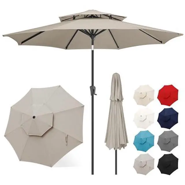 Alt view image 7 of 7 - FLAME&SHADE 9ft Patio Umbrella with Base included - 2 Tiers Outdoor Umbrella with Stand for UV Protection, Table Market Umbrella for Garden, Deck, Backyard, Pool and Beach