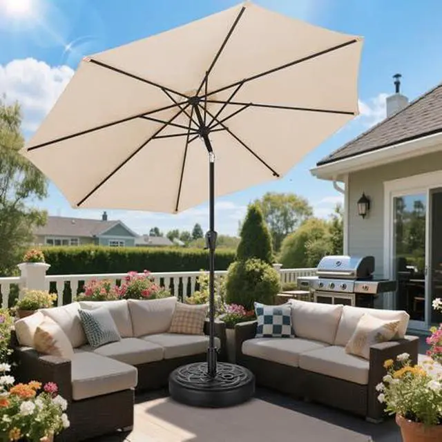 Alt view image 6 of 7 - FLAME&SHADE 9ft Patio Umbrella with Base included, 4 Tiers Outdoor Umbrella with stand for UV Protection, Table Market Umbrella for Garden, Deck, Backyard, Pool and Beach