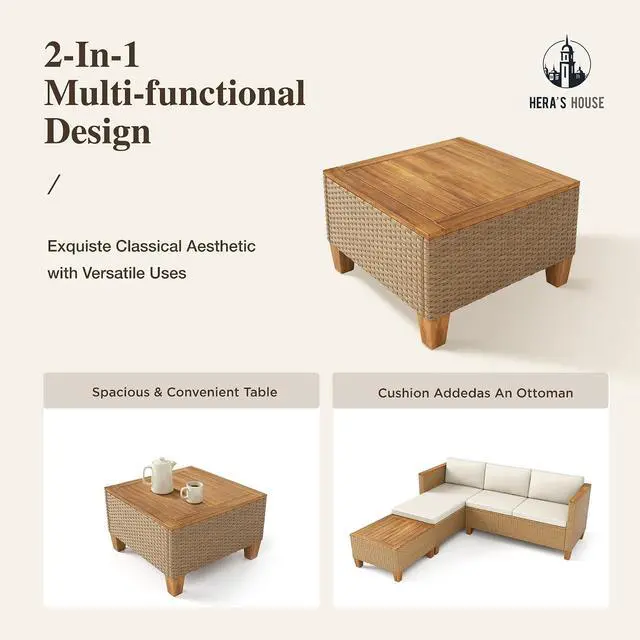 Alt view image 7 of 7 - HERA'S HOUSE 3-Piece Wicker Rattan Patio Sectional Set, 4-Seat, Yellow | Coffee Table, Modular Design, All-Weather, For Garden, Backyard, Balcony