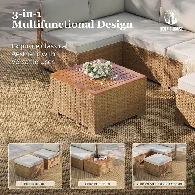 Alt view image 6 of 7 - HERA'S HOUSE 5-Piece Wicker Rattan Patio Sectional Set, 6-Seat | Coffee Table, Modular Design, All-Weather, For Garden, Backyard, Balcony