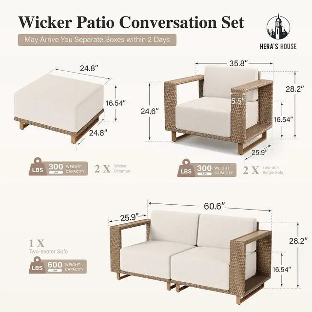 Alt view image 6 of 7 - HERA'S HOUSE 6-Piece Patio Furniture Set with 10" Thick Cushions, Beige | Outdoor Wicker Conversation Sets, Yellow Rattan Sofa Chairs w/5.5" Wide Arm &Ottoman, for Deck Yard Lawn Porch