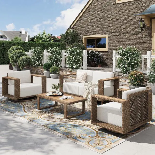 Main image of HERA'S HOUSE 5-Piece Patio Furniture Set with 10" Thick Cushions, Beige | Outdoor Wicker Conversation Sets, Yellow Rattan Swivel Sofa Chairs with 5.5" Wide Arm &Coffee Table, for Deck Yard Lawn