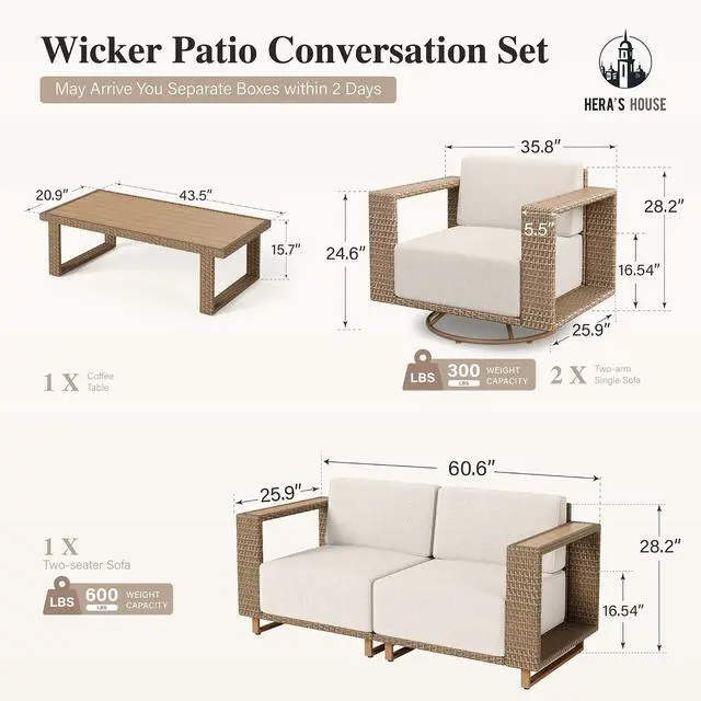 Alt view image 6 of 7 - HERA'S HOUSE 5-Piece Patio Furniture Set with 10" Thick Cushions, Beige | Outdoor Wicker Conversation Sets, Yellow Rattan Swivel Sofa Chairs with 5.5" Wide Arm &Coffee Table, for Deck Yard Lawn