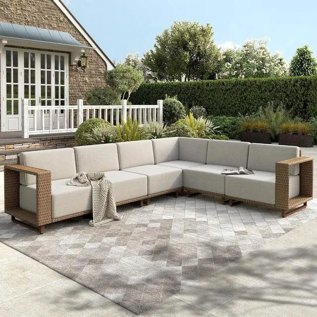 Main image of HERA'S HOUSE Patio Sectional Furniture Set with 10" Thick Cushions, 6pcs | Outdoor Wicker Sofa with 5.5" Wide Arm, L-Shape Modular Yellow Rattan Conversation Chairs, Low Profile Lawn Yard Couch, Beige