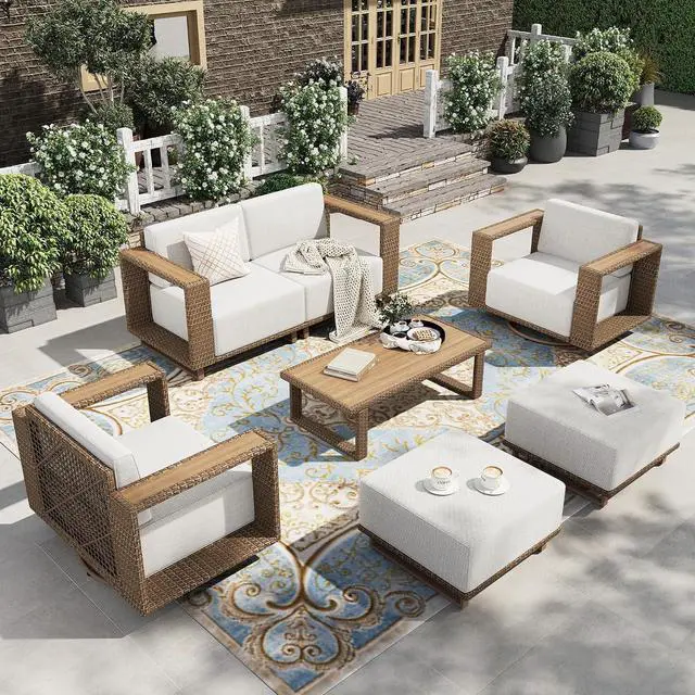 Main image of HERA'S HOUSE 7-Piece Patio Furniture Set with 10" Thick Cushions, Beige | Outdoor Wicker Conversation Sets, Yellow Rattan Swivel Sofa Chairs w/5.5" Wide Arm, Coffee Table &Ottoman, for Deck Yard Lawn