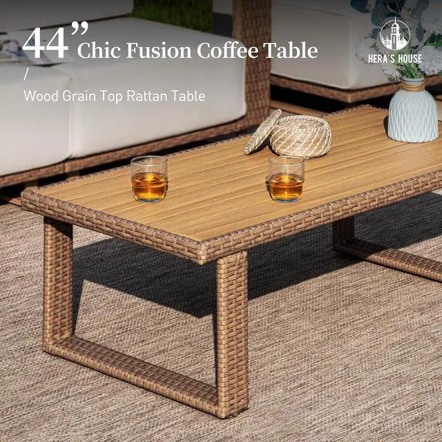 Alt view image 5 of 7 - HERA'S HOUSE 5-Piece Patio Furniture Set with 10" Thick Cushions, Beige | Outdoor Wicker Conversation Sets, Yellow Rattan Swivel Sofa Chairs with 5.5" Wide Arm &Coffee Table, for Deck Yard Lawn