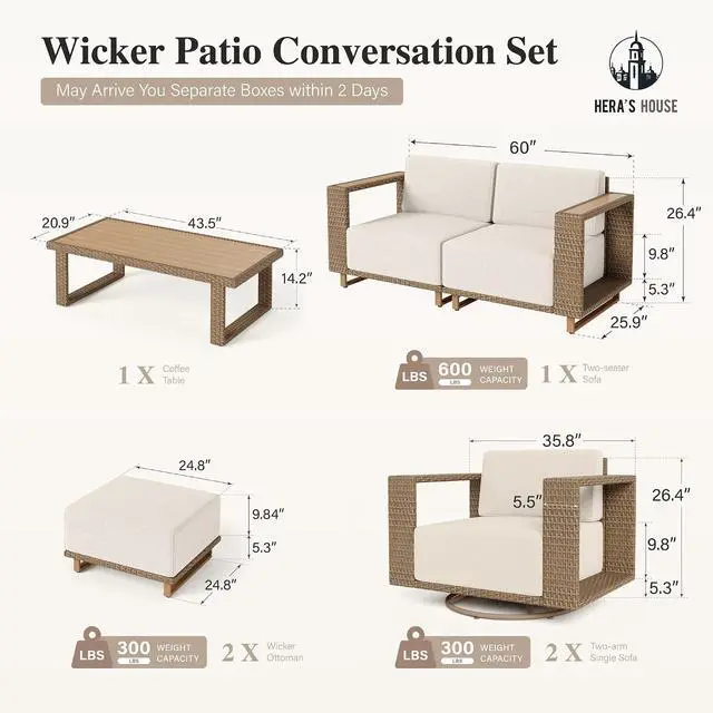 Alt view image 6 of 7 - HERA'S HOUSE 7-Piece Patio Furniture Set with 10" Thick Cushions, Beige | Outdoor Wicker Conversation Sets, Yellow Rattan Swivel Sofa Chairs w/5.5" Wide Arm, Coffee Table &Ottoman, for Deck Yard Lawn