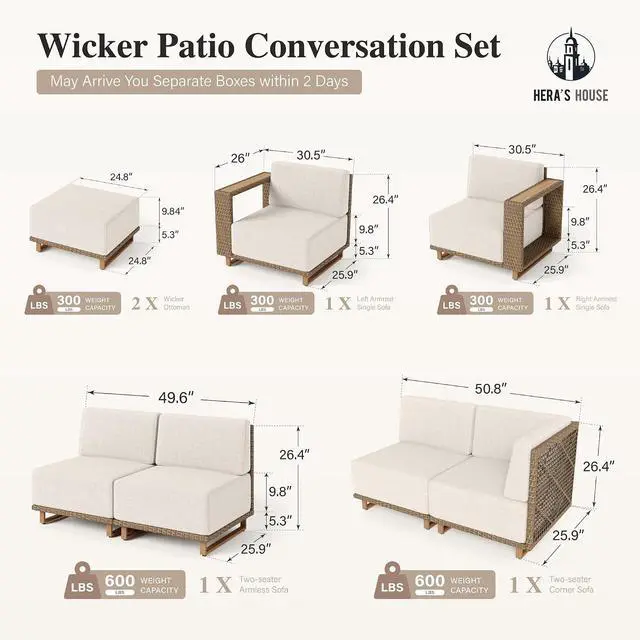 Alt view image 6 of 7 - HERA'S HOUSE 8pcs Patio Sectional Furniture Set with 10" Thick Cushions | Outdoor Wicker Sofa with 5.5" Wide Arm, L-Shape Modular Yellow Rattan Conversation Chairs, Low Profile Lawn Yard Couch, Beige