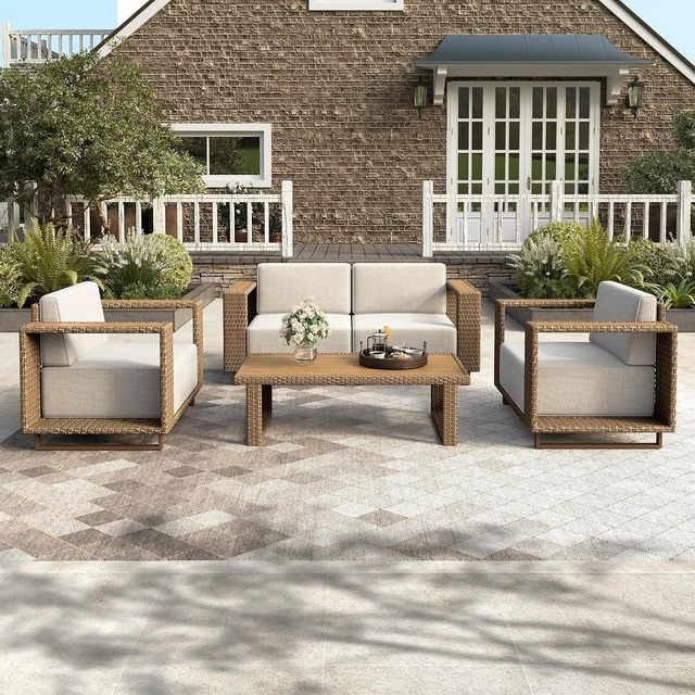 Main image of HERA'S HOUSE 5-Piece Patio Furniture Set with 10" Thick Cushions | Outdoor Wicker Conversation Sets, Yellow Rattan Sofa Chairs with 5.5" Wide Arm, for Deck Yard Lawn Garden, Beige