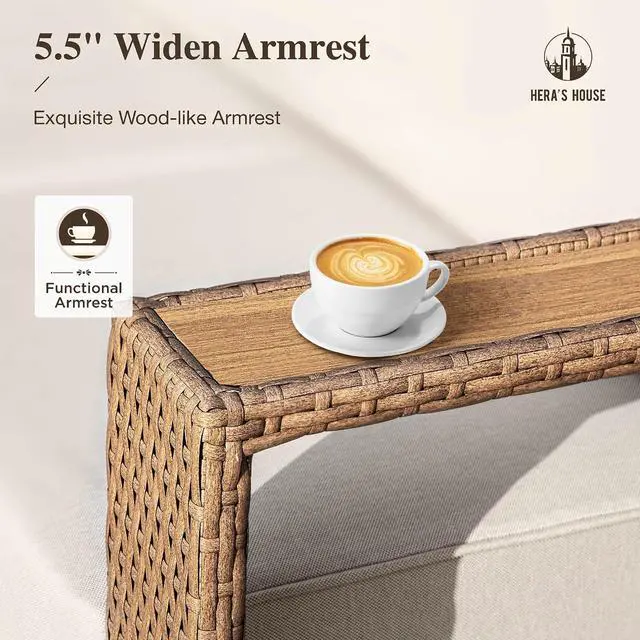 Alt view image 3 of 7 - HERA'S HOUSE 6-Piece Patio Furniture Set with 10" Thick Cushions, Beige | Outdoor Wicker Conversation Sets, Yellow Rattan Sofa Chairs w/5.5" Wide Arm &Ottoman, for Deck Yard Lawn Porch