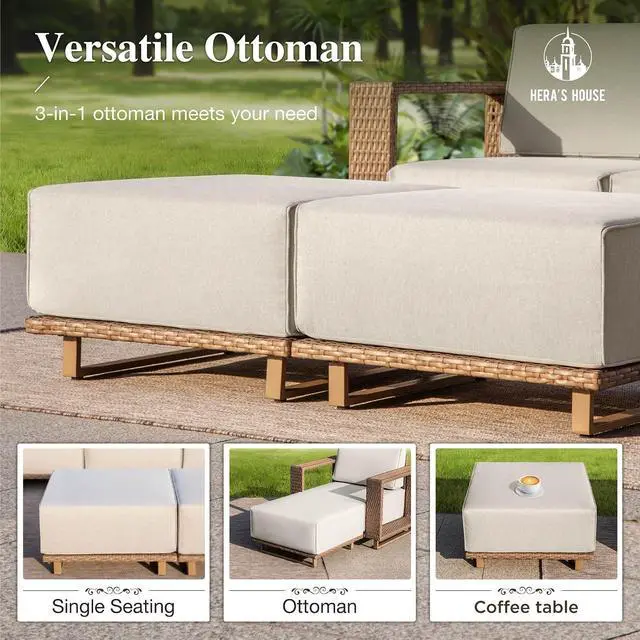 Alt view image 5 of 7 - HERA'S HOUSE 6-Piece Patio Furniture Set with 10" Thick Cushions, Beige | Outdoor Wicker Conversation Sets, Yellow Rattan Sofa Chairs w/5.5" Wide Arm &Ottoman, for Deck Yard Lawn Porch
