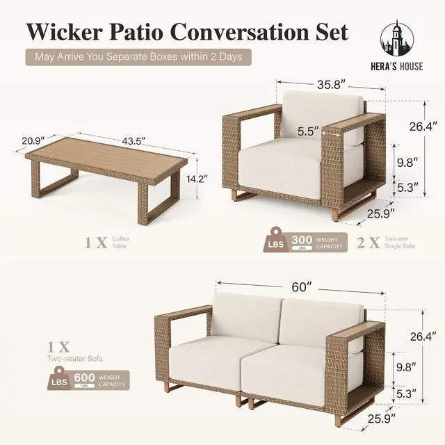 Alt view image 6 of 7 - HERA'S HOUSE 5-Piece Patio Furniture Set with 10" Thick Cushions | Outdoor Wicker Conversation Sets, Yellow Rattan Sofa Chairs with 5.5" Wide Arm, for Deck Yard Lawn Garden, Beige