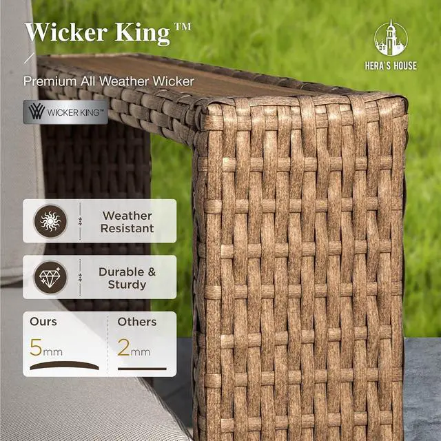 Alt view image 7 of 7 - HERA'S HOUSE 5-Piece Patio Furniture Set with 10" Thick Cushions | Outdoor Wicker Conversation Sets, Yellow Rattan Sofa Chairs with 5.5" Wide Arm, for Deck Yard Lawn Garden, Beige