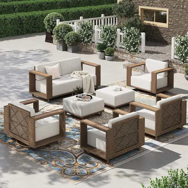 Main image of HERA'S HOUSE 8-Piece Patio Furniture Set with 10" Thick Cushions, Beige | Outdoor Wicker Conversation Sets, Yellow Rattan Swivel Sofa Chairs w/5.5" Wide Arm &Ottoman, for Deck Yard Lawn Porch