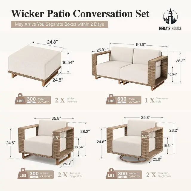 Alt view image 6 of 7 - HERA'S HOUSE 8-Piece Patio Furniture Set with 10" Thick Cushions, Beige | Outdoor Wicker Conversation Sets, Yellow Rattan Swivel Sofa Chairs w/5.5" Wide Arm &Ottoman, for Deck Yard Lawn Porch