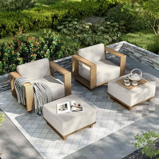 Main image of HERA'S HOUSE 4-Piece Patio Furniture Set with 10" Thick Cushions, Beige | Outdoor Wicker Conversation Sets, Yellow Rattan Sofa Chairs with 5.5" Wide Arm&Ottomans, for Deck Yard Lawn Garden