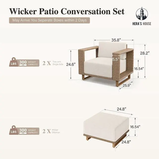 Alt view image 6 of 7 - HERA'S HOUSE 4-Piece Patio Furniture Set with 10" Thick Cushions, Beige | Outdoor Wicker Conversation Sets, Yellow Rattan Sofa Chairs with 5.5" Wide Arm&Ottomans, for Deck Yard Lawn Garden