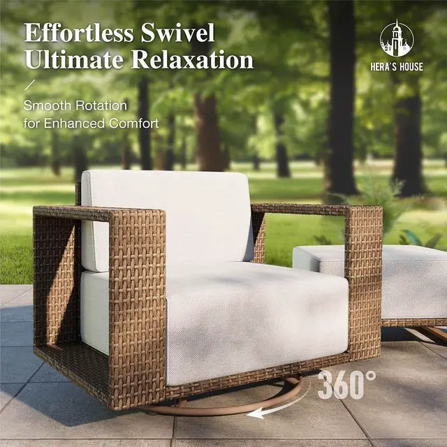 Alt view image 4 of 7 - HERA'S HOUSE 6-Piece Patio Sectional Furniture Set with 10" Thick Cushions | Outdoor Yellow Rattan Wicker Sofa with Wide Arm, Swivel Chairs & Table, L-Shape Modular Conversation Set for Lawn Yard