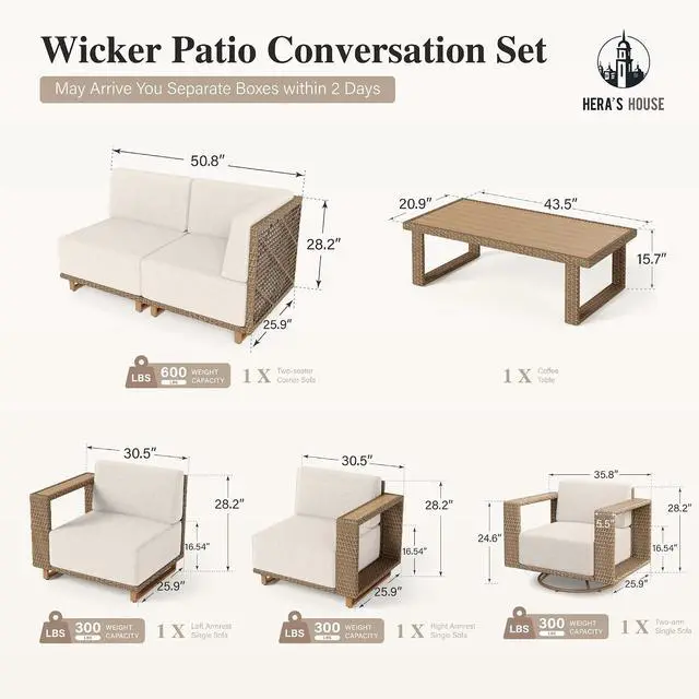 Alt view image 6 of 7 - HERA'S HOUSE 6-Piece Patio Sectional Furniture Set with 10" Thick Cushions | Outdoor Yellow Rattan Wicker Sofa with Wide Arm, Swivel Chairs & Table, L-Shape Modular Conversation Set for Lawn Yard