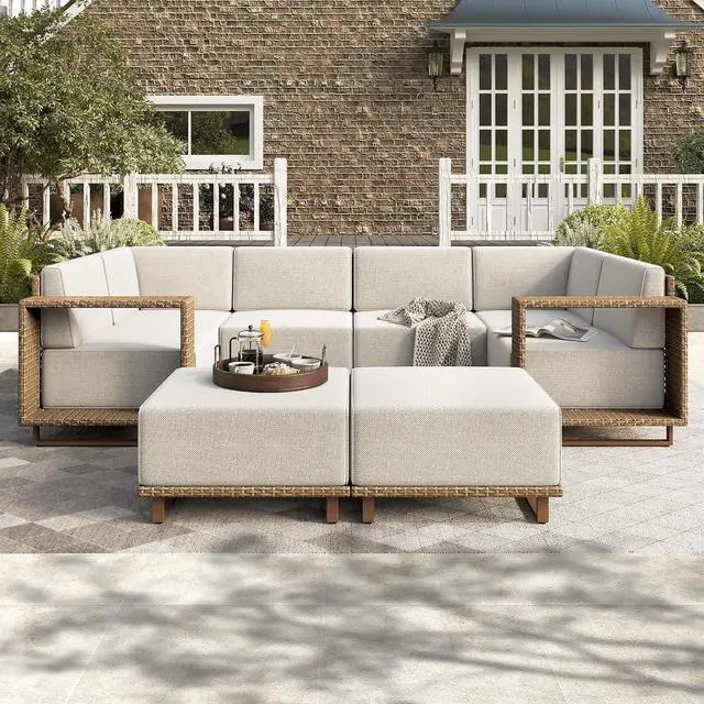 Main image of HERA'S HOUSE 8-Piece Patio Sectional Furniture Set with 10" Thick Cushions | Outdoor Wicker Sofa w/Ottomans &5.5" Wide Arm, U-Shape Modular Yellow Rattan Chairs, Low Profile Lawn Yard Couch, Beige
