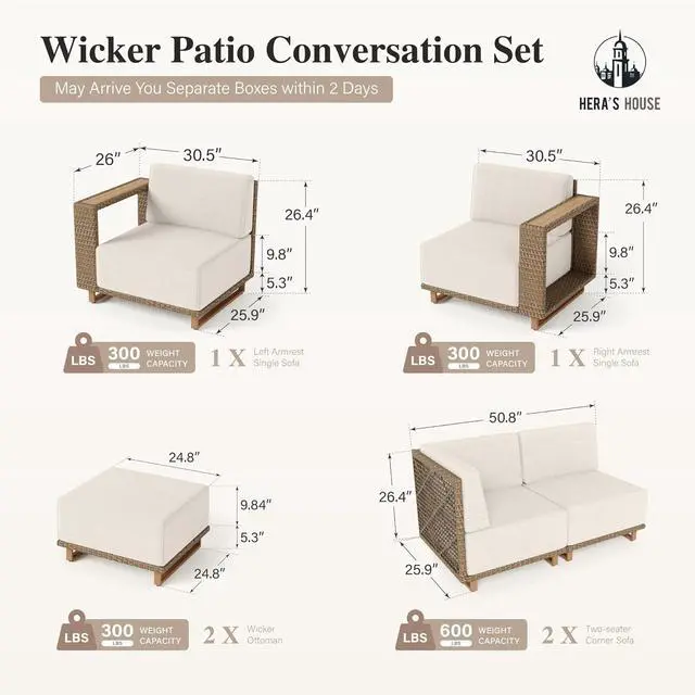 Alt view image 6 of 7 - HERA'S HOUSE 8-Piece Patio Sectional Furniture Set with 10" Thick Cushions | Outdoor Wicker Sofa w/Ottomans &5.5" Wide Arm, U-Shape Modular Yellow Rattan Chairs, Low Profile Lawn Yard Couch, Beige