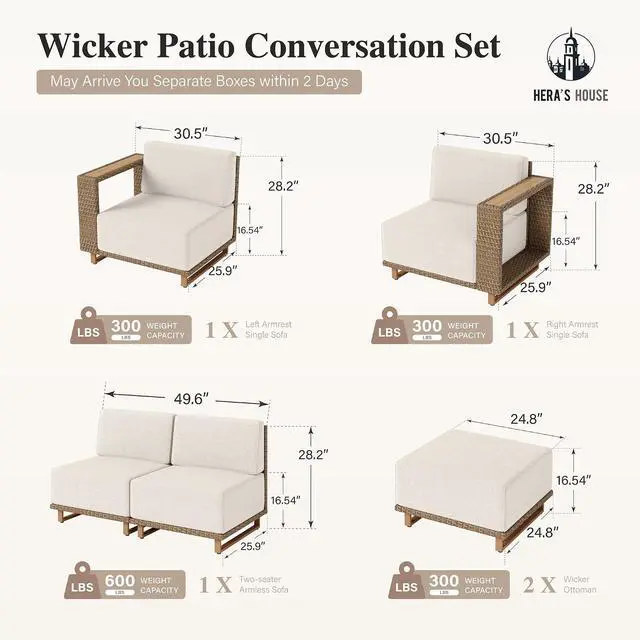 Alt view image 6 of 7 - HERA'S HOUSE 6pcs Patio Sectional Furniture Set with 10" Thick Cushions | Outdoor Wicker Sofa w/Ottomans &5.5" Wide Arm, U-Shape Modular Yellow Rattan Chairs, Low Profile Lawn Yard Couch, Beige