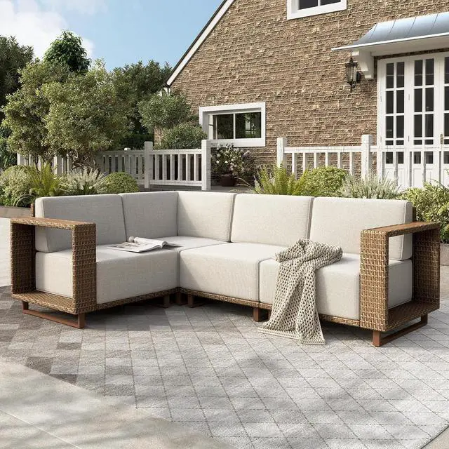 Main image of HERA'S HOUSE 4-Piece Patio Sectional Furniture Set with 10" Thick Cushions | Outdoor Wicker Sofa w/5.5" Wide Arm, L-Shape Modular Yellow Rattan Conversation Chairs, Low Profile Lawn Yard Couch, Beige
