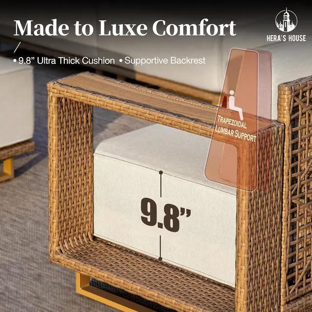 Alt view image 2 of 7 - HERA'S HOUSE 6-Piece Patio Sectional Furniture Set with 10" Thick Cushions | Outdoor Yellow Rattan Wicker Sofa with Wide Arm, Swivel Chairs & Table, L-Shape Modular Conversation Set for Lawn Yard
