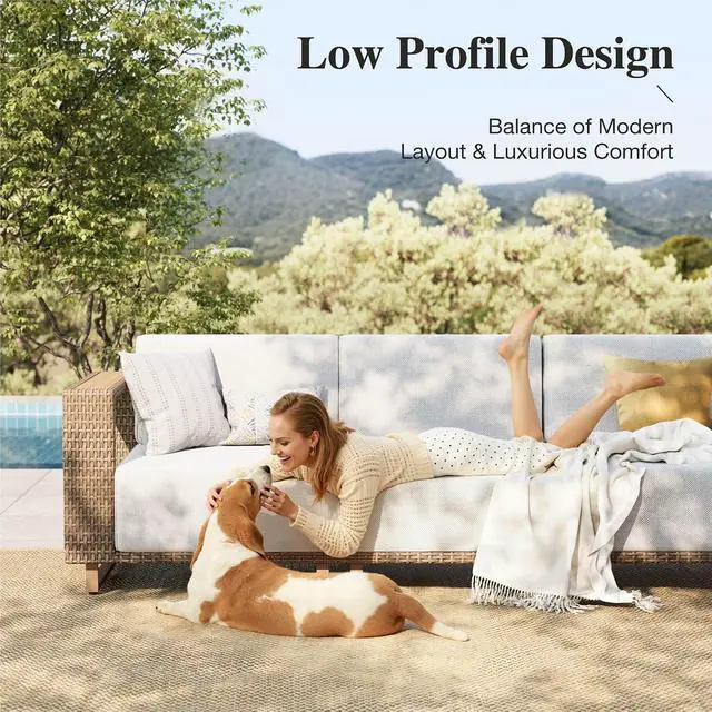 Alt view image 7 of 7 - HERA'S HOUSE 4-Piece Patio Sectional Furniture Set with 10" Thick Cushions | Outdoor Wicker Sofa w/5.5" Wide Arm, L-Shape Modular Yellow Rattan Conversation Chairs, Low Profile Lawn Yard Couch, Beige
