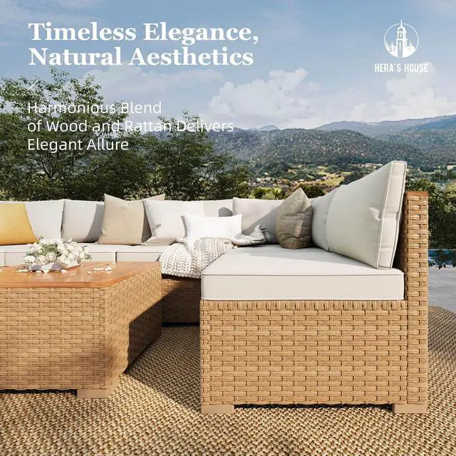 Alt view image 2 of 7 - HERA'S HOUSE 5-Piece Wicker Rattan Patio Sectional Set, 6-Seat | Coffee Table, Modular Design, All-Weather, For Garden, Backyard, Balcony