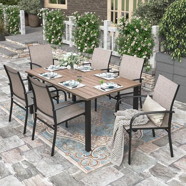 Main image of HERA'S HOUSE 7pc Patio Dining Set, Outdoor Wood-Like Metal Table & 6 Chairs | Brown textilene chairs + 60" rectangle table with umbrella hole. Waterproof, rust-resistant, all-weather for deck, garden