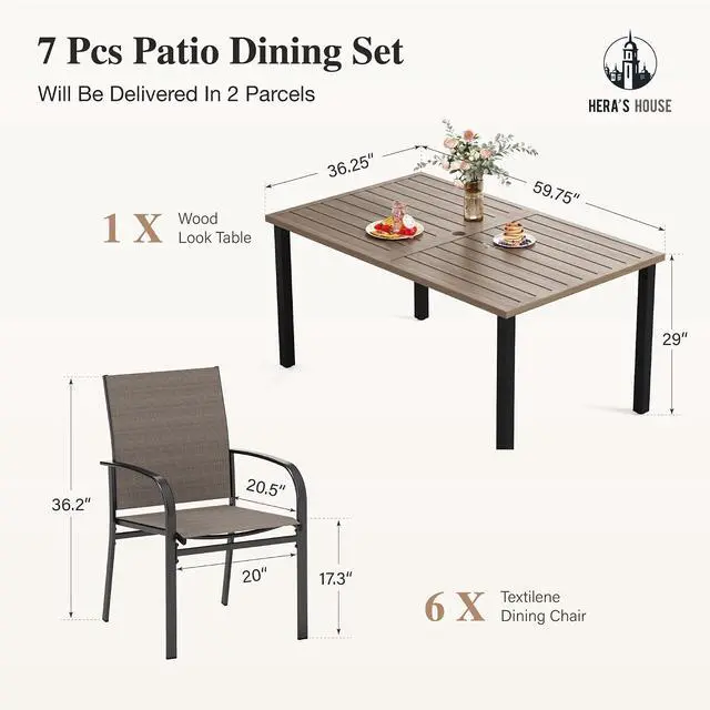 Alt view image 6 of 7 - HERA'S HOUSE 7pc Patio Dining Set, Outdoor Wood-Like Metal Table & 6 Chairs | Brown textilene chairs + 60" rectangle table with umbrella hole. Waterproof, rust-resistant, all-weather for deck, garden