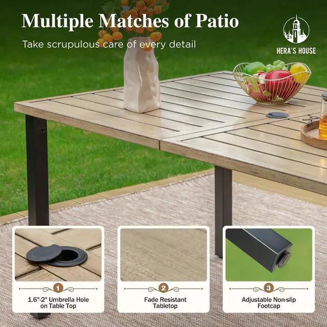 Alt view image 5 of 7 - HERA'S HOUSE 7pc Indoor/Outdoor Dining Set for 6, 60" Metal Table | 4.7" Cushioned Chairs, All-Weather Patio and Dining Furniture for Deck Kitchen Garden Backyard
